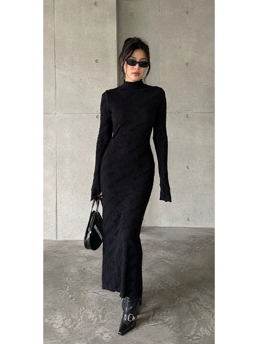 Balenciaga Viscose Logo Devore Ribs Knit Dress Black Size Medium NWT